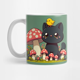 Black Cat With Yellow Bird in Mushroom Garden Mug